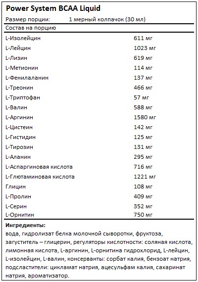 Состав BCAA Liquid от Power System