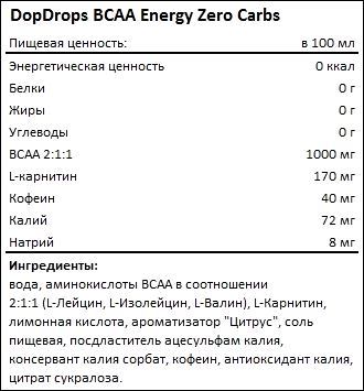 Состав DopDrops BCAA Energy Zero Carbs