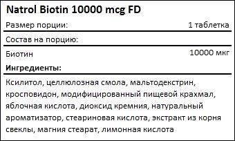 Состав Natrol Biotin 10000 mcg Fast Dissolve