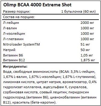 Состав BCAA 4000 Extreme Shot от Olimp