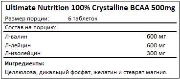 Состав 100% Crystalline BCAA 500mg от Ultimate Nutrition