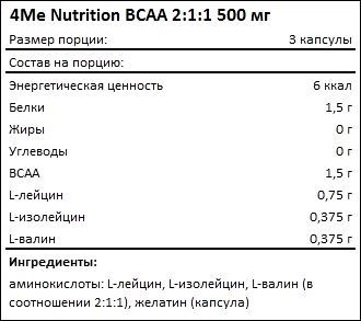 Состав 4Me Nutrition BCAA 2-1-1 500 мг