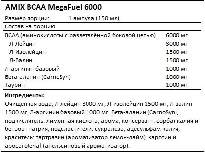 Состав BCAA MegaFuel 6000 от AMIX