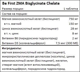 Состав Be First ZMA Bisglycinate Chelate