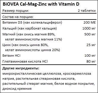 Состав BIOVEA Cal-Mag-Zinc with Vitamin D