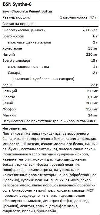 Состав BSN Syntha-6 вкус шоколад-арахисовое масло