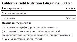Состав California Gold Nutrition L-Arginine 500 мг