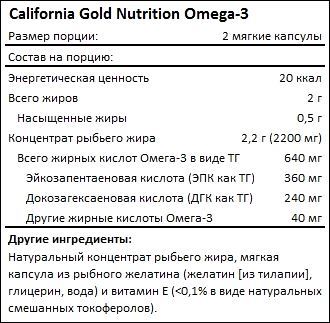 Состав California Gold Nutrition Omega-3 Premium Fish Oil