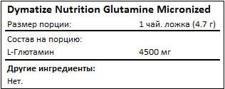 Состав Dymatize Glutamine Micronized 500 г