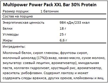 Состав Power Pack XXL Bar 30% Protein