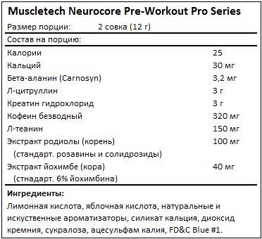 Состав Neurocore Pre-Workout Pro Series от MuscleTech
