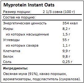 Состав Instant Oats от Myprotein