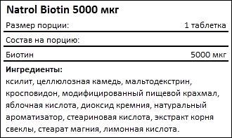 Состав Biotin 5000 мкг от Natrol