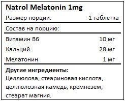 Состав Melatonin 1mg от Natrol