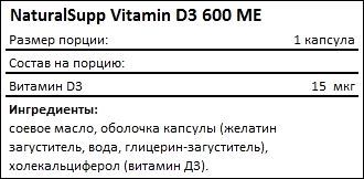 Состав NaturalSupp Vitamin D3 600 МЕ