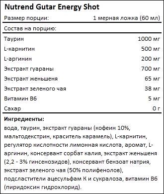 Состав Энергетик Nutrend Gutar Energy Shot