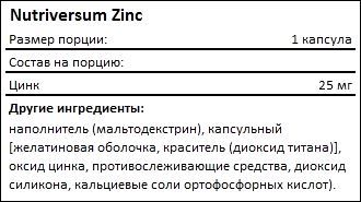 Состав Nutriversum Zinc Caps