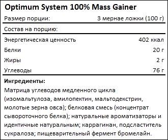 Состав Optimum System Gainer 100 Mass