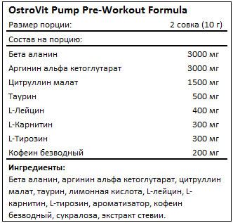 Состав Pump Pre-Workout Formula от OstroVit