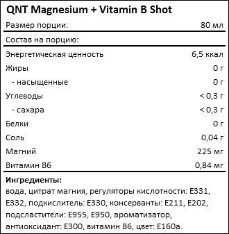 Состав QNT Magnesium Plus Vitamin B Shots