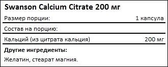 Состав Swanson Calcium Citrate 200 мг