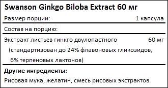 Состав Swanson Ginkgo Biloba Extract 60 мг