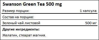 Состав Swanson Green Tea 500 мг