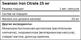 Состав Swanson Iron Citrate 25 мг