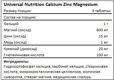 Состав Universal Calcium Zinc Magnesium