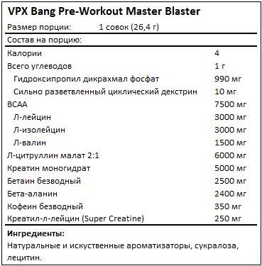 Состав Bang Pre-Workout Master Blaster от VPX