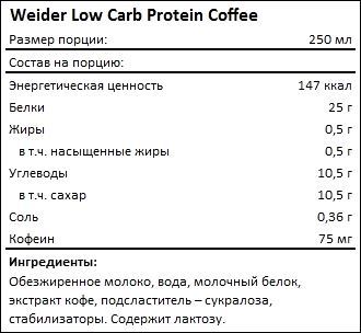 Состав Weider Low Carb Protein Coffee